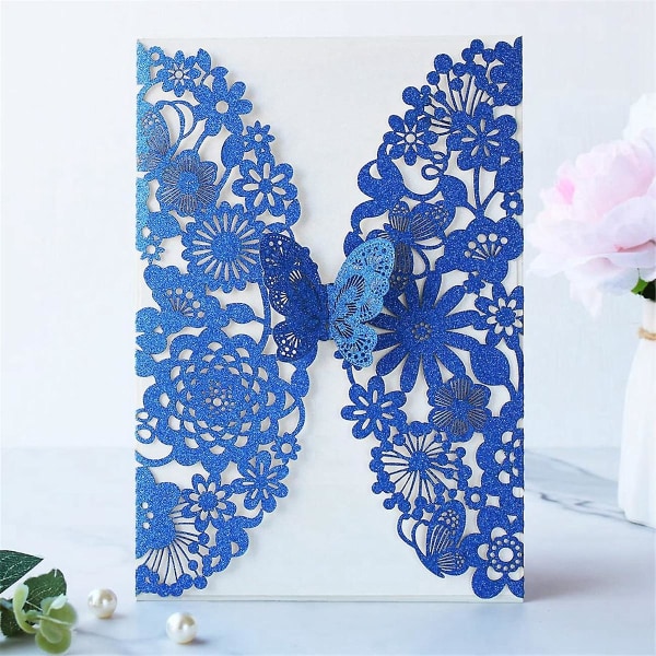 20 sæt sommerfugle invitationskort Blonde bryllupsinvitationer med konvolutter(blå glitter)([HK])