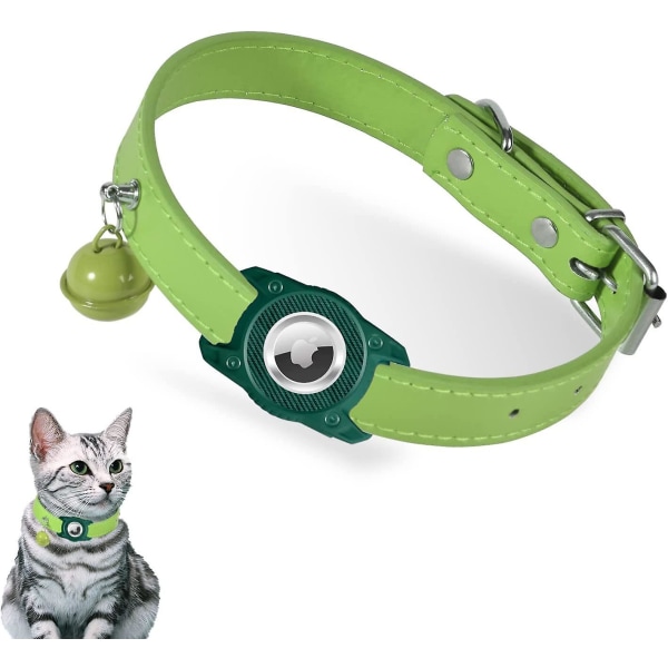 AirTag katthalsband, justerbart läder Gps katthalsband för pojke flicka katter Valpar med AirTag hållare och klocka[HK] Green
