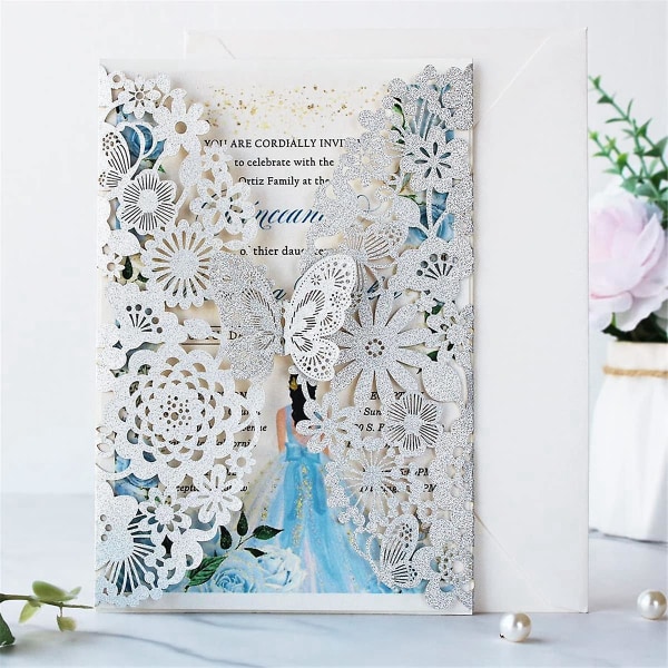 20 set fjärilsinbjudningskort Spetsbröllopsinbjudningar med kuvert(silverglitter)([HK])