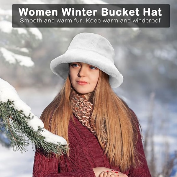 Winter Bucket Hat - Dam Fluffy Fisherman Hat Mjuk fuskpäls Vinterhatt Fuzzy Furry Warm Hat Tjock uppfödd brättad plyschhatt för kvinnor Flickor，Vit[HK]