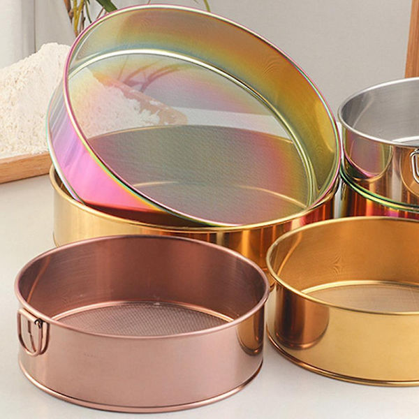 Melsiver til bagning, professionel rund melsigte i rustfrit stål med fintmasket si til bagning, sigtning, pudring af te, juice [HK] Large gold