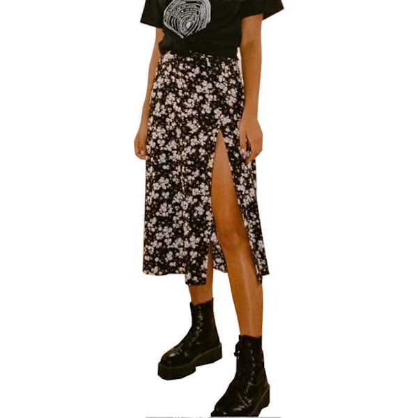 Sexig sidosprund midikjol för damer, hög midja A-linje midikjol för strand, dejt, fest, semester [HK] XL Flower Print