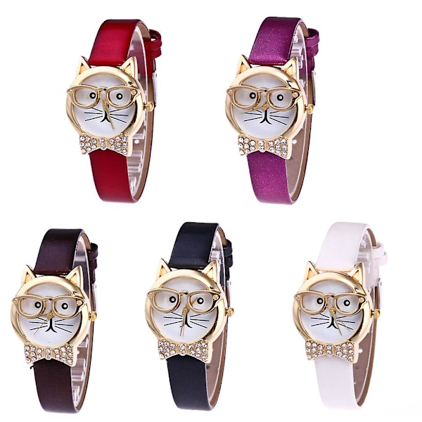 Söt Kattansikte Rund Urtavla Strass Konstläder Analog Quartz Armbandsur[HK] Coffee