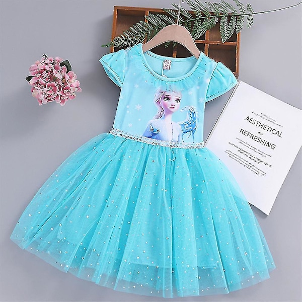 Lasten tyttöjen Frozen Elsa Anna -prinsessa lyhythihainen tylli-tutu-mekko Cosplay-asu Puku [HK] Lake Blue 6-7 Years