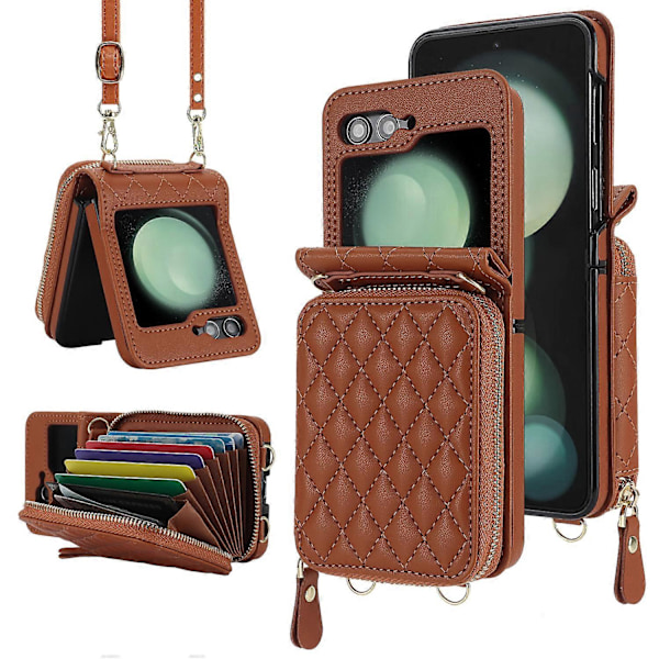Til Samsung Galaxy Z Flip 6 Wallet Case med Kortholder og Justerbar Rem, Stilfuld Robust Stødsikker Læder Case[HK] For Galaxy Z Flip 6 Brown
