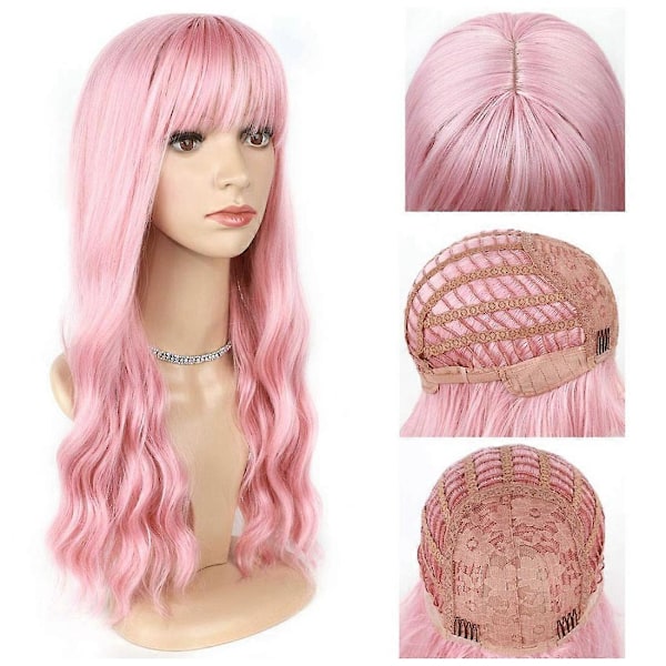 Rosa Peruk med Lugg Lång Vågig Peruk med Luftlugg Silkeslen Full Värmebeständig Peruk Hårersättning Nat[HK] Pink