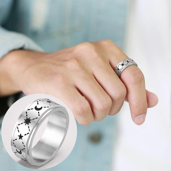 Heytea Spinnerring i rustfrit stål til angst Fidgetringe til at lindre stress Angstring Sol Måne Stjerner Forlovelsesring Størrelse 6[HK]
