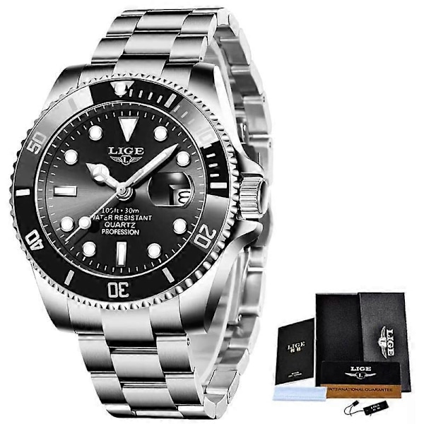 LIGE Toppmerke Luksus Mote Dykkerklokke Menn 3ATM Vanntett Datoklokke Sportsklokker Menn Kvarts Armbåndsur Relogio Masculino[HK] Silver black