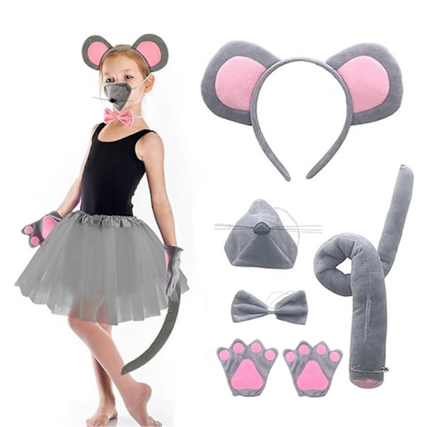 Mussekostyme Sett - Musøre Hodebånd, Hale, Nese, Sløyfe og Hansker - Cosplay Kostyme Tilbehør til Halloween, Jul og Fest