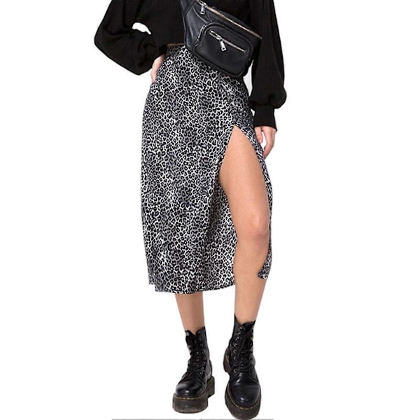 Sexig sidosprund midikjol för damer, hög midja A-linje midikjol för strand, dejt, fest, semester [HK] XL Leopard Black