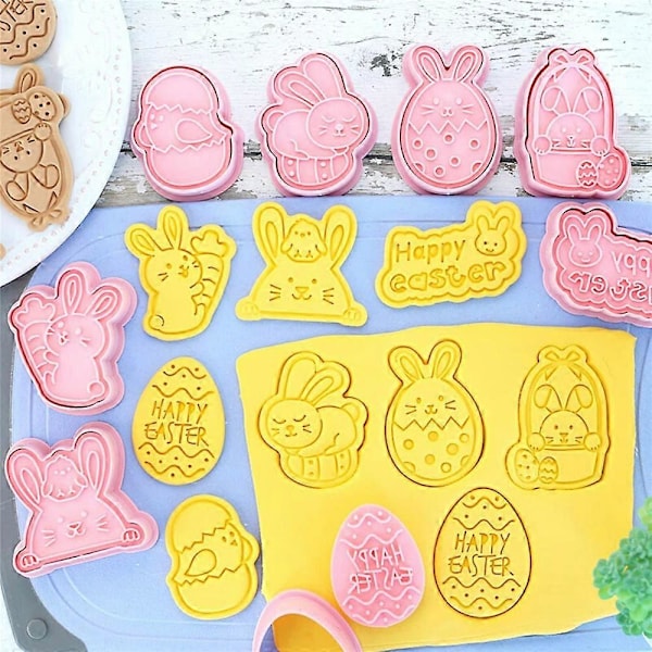 8 stk. Påske Kageudstikkere, Kageudstikker med Stempel, 3D Kage Stempler til Påske Kiks Snacks Ost Bagning [HK]