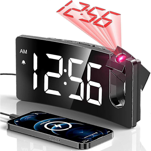 Projektionsväckarklocka, Digital klocka med 180° roterbar projektor, 3-nivås ljusstyrka dimmer[HK] White Digit