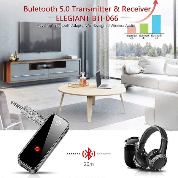 Bluetooth-modtager, Bluetooth bil jack adapter, 5.0 Bluetooth-sender, bærbar trådløs 3,5 mm Aux Bluetooth-adapter [HK]