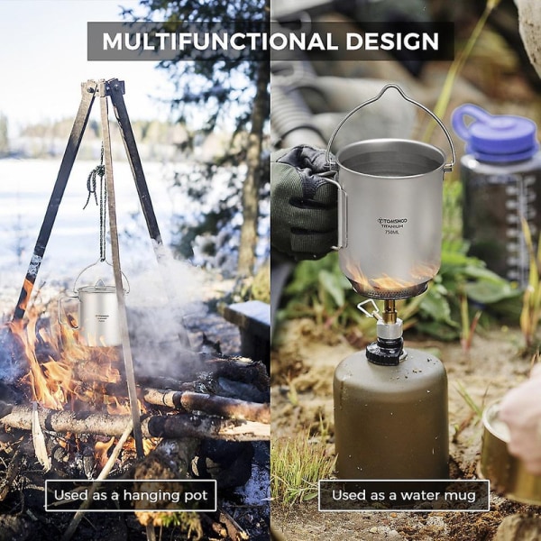 TOMSHOO Titanium Pot 750ml Ultralight Bærbar Hengepotte med Lokk og Foldbare Håndtak Utendørs Cam[HK] 750ml pot