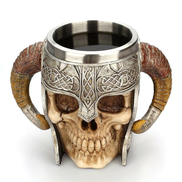 3d Rostfritt stål Skull Cup Viking Ram Horn Warrior Skull Beer Kaffemugg 600ml[HK]