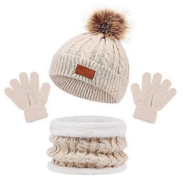 Vinterbarn Beanie Hater, Halsklut og Hansker Sett - Varmt Fleece Strikket Vinterhatt, Halsklut Sett [HK] Beige