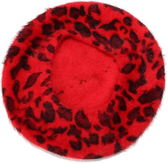 Trendig baskerhatt med leopardmönster, fransar och pompomdetaljer, 100 % ull [HK]
