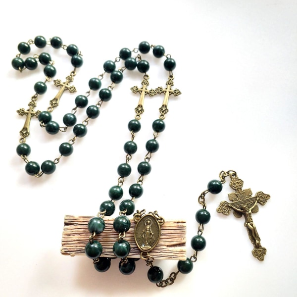 Gröna pärlor Rosenkrans halsband med medalj & för kors krucifix hänge smycken