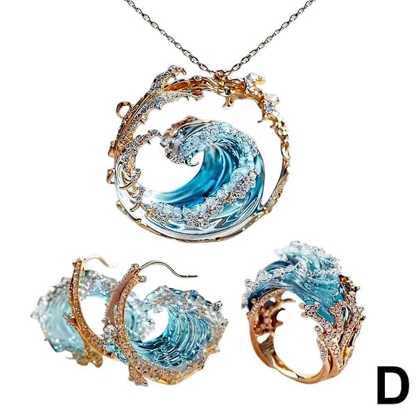 Ocean's Oath Smyckesset, Boho Blå Oceanvåg Halsband Örhängen Ringar Set