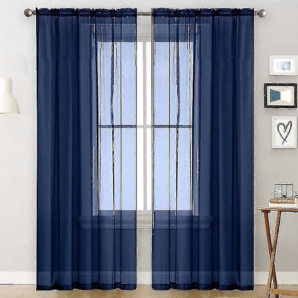 Tyldgardiner med flæser i linnedoptik, transparent [HK] DarkBlue