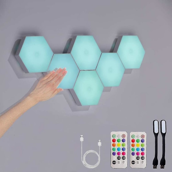Hexagonljus med fjärrkontroll, smarta DIY Hexagon-vägglampor, dubbelkontroll Hexagonala ledljusväggpaneler med usb-ström