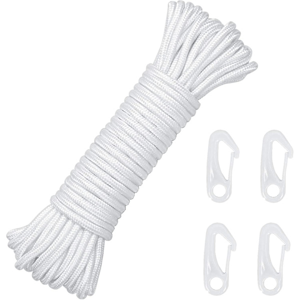 15m 6mm Nylon Flagglina Flaggstångsrep Rep för Flaggstång Halyard Vit Flagglina Halyard Dubbelflätad Med 4 Krokar[HkkK]