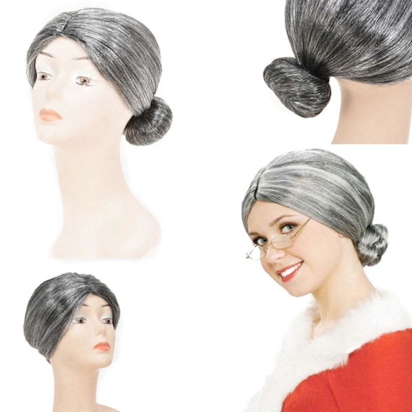 Rolig Gammal Dam Kostym för Barn - 5 Delars Set för Skolans 100:e Dag Mormor Kostym för Barn Flickor, Grå Peruk, Glasögon med Kedja, Peruknät,[HK] old man  wig grey