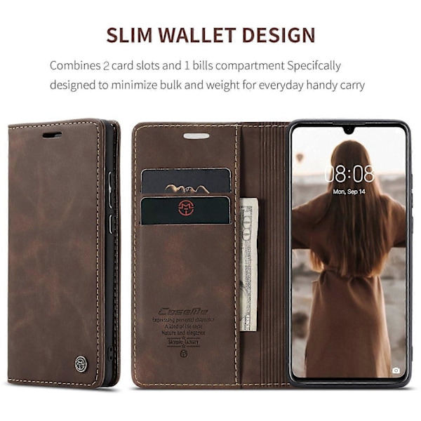 CASEME 013-serien for Huawei P30 Støtsikker PU-lær Stativdeksel Anti-ripe Lommebok Telefondeksel[HK] Coffee Multicolor