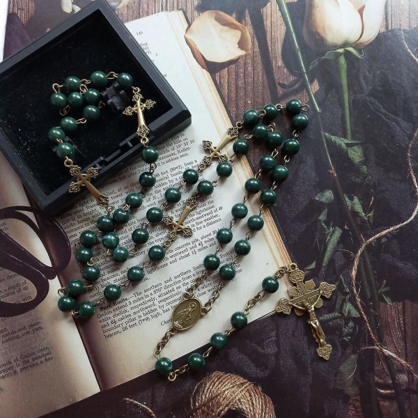 Gröna pärlor Rosenkrans halsband med medalj & för kors krucifix hänge smycken