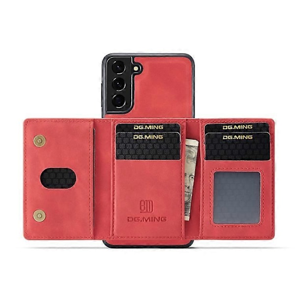 För Samsung Galaxy S22 5G DG.MING M2-serien 3-faldig Multi Card Bag + Magnetiskt Bakstycke Mobilskal [HK] Red