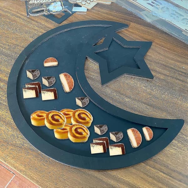 Ramadan Träbricka Eid Tallrikar Ramadan Dekorationer Serveringsbord (1 st, Blå)