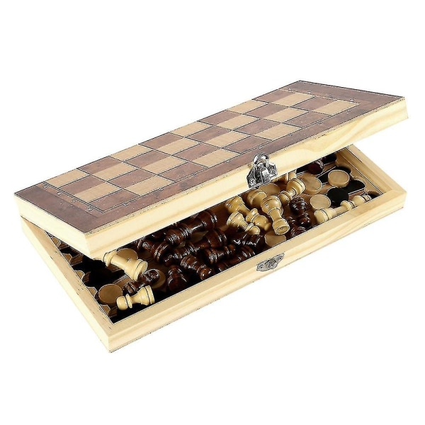 3 i 1 Træ Internationalt Skakspil Backgammon Brætspil Damspil Puslespil Spil Foldbart Skakbræt[HK] 24x24CM