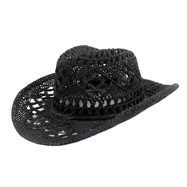 Cowboyhatt Klassisk Vintage Hul Ut Unisex Krøllet Kant Bredbremmet Herre Solhatt Fiskehatt-hao[HK] Black