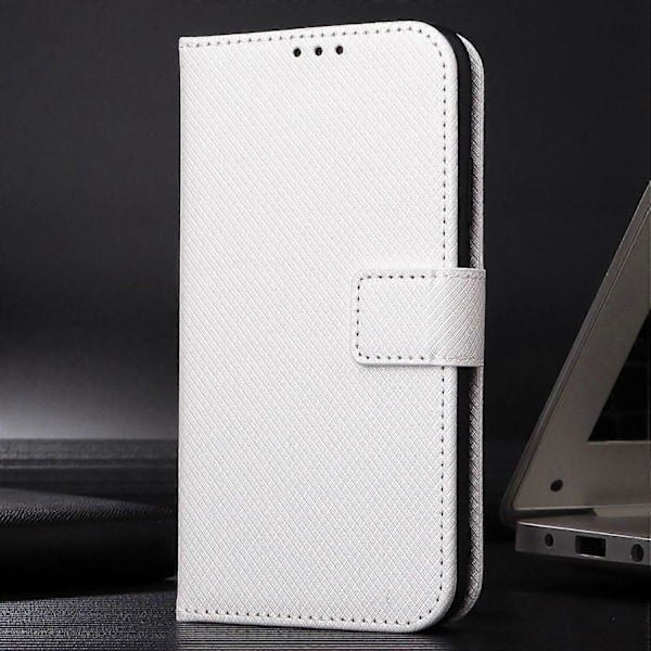 For HTC Desire 22 Pro 5G Fallsikker Telefon Flip Lommebok Etui Sklisikkert Diamanttekstur PU Lærdeksel Stativ Kortholder med Håndleddsstropp[HK] White