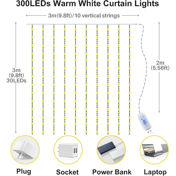 3x3m LED-gardinlampa 300 LED, 8 lägen, timer fjärrkontroll (7 färger) [hk]