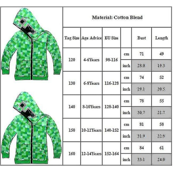 Minecraft Creeper Kostym Barn Dragkedja Hoodie Jacka Pojkar Flickor Tröja Jacka Toppar 4-14 År[HK] 12-14 Years