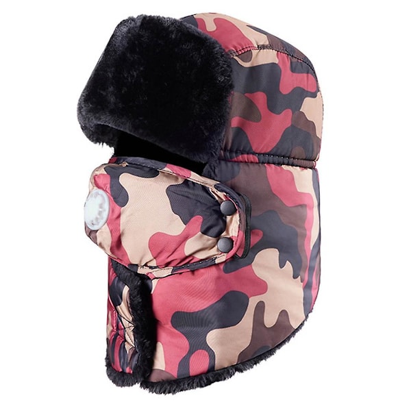 Dame og herre øreklaff Trapper camo lue Vinter varm Bomber Ushanka skilue med maske [HK] Red Medium