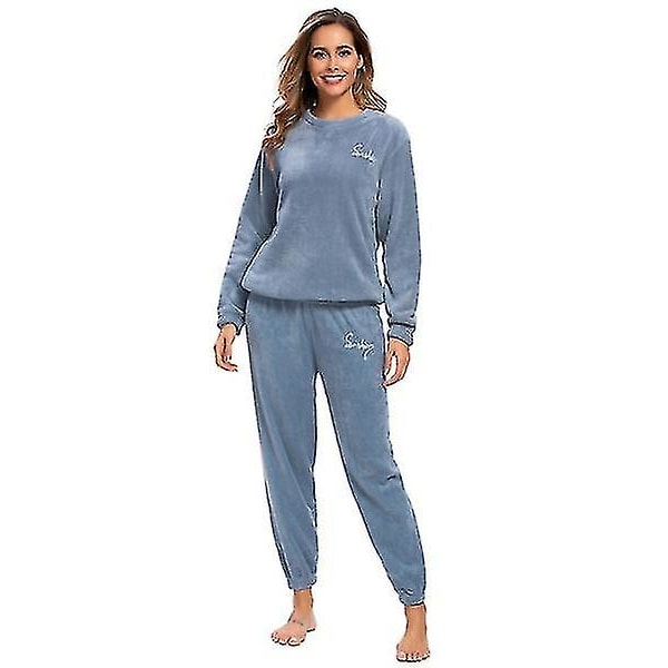 Talviset lämpimät pyjamaset plusfleece-yläosa ja housut pyöreällä kauluksella, pehmeä pyjamasetti -jie[HK] Blue L