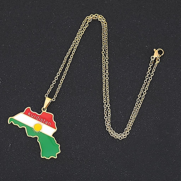 Herre Guld Sølv Kurdistan Flag Kort Vedhæng Halskæde Rustfrit Stål Smykker Gold