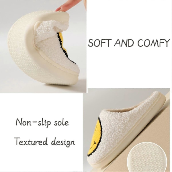 Retro Smile Face Tøfler, Happy Face Tøfler for Kvinner, Myke Plysj Komfortable Preppy Dame Tøfler, Smile Cushion Slides, Fluffy Hjemmesko [HK] 37 and 38 feet