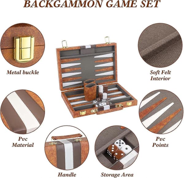 Backgammon sæt, 11 tommer bærbart brætspil med PU-læderetui til voksne, brunt backgammon rejsesæt[HK]