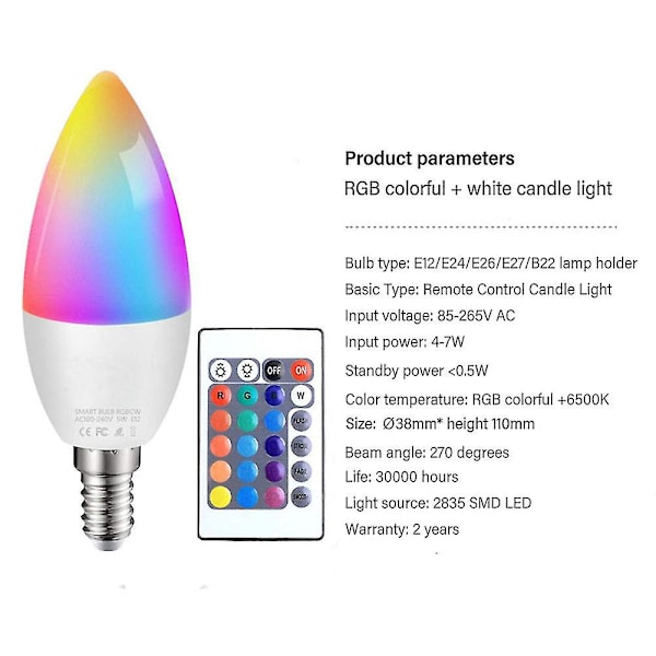 NY RGB LED Färg Smart Lampa Fjärrkontroll E12/E14/E26/E27/B22 Inomhus[HK] E14