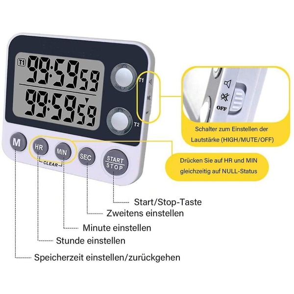 HK Digitaalinen kaksoiskeittiöajastin, säädettävä äänenvoimakkuusajastin, sekuntikello, suuri LCD-näyttö