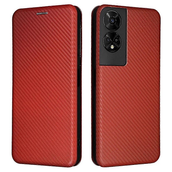 For TCL 50 5G Lærveske Karbonfibertekstur Stativ Magnetisk Lukking Telefondeksel[HK] Brown
