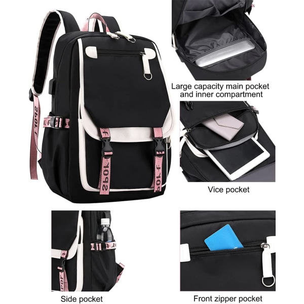 Ryggsäck för tonårsflickor Middle School Students Bokväska Outdoor Daypack med USB laddningsport Svart Rosa