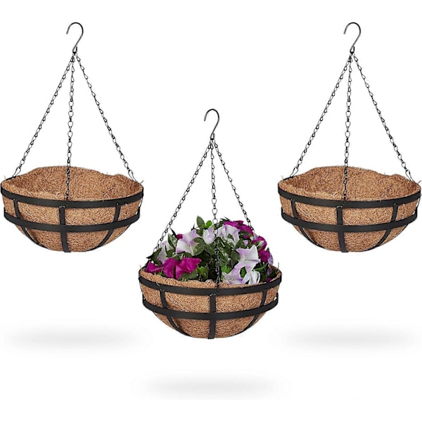 Riippuva kukka-amppeli 3 koria, kookoskuitu sisällä, KxL: 50x31 cm, riippuvat kasvit, sisä- ja ulkokäyttöön, metallirunko, ruskea/musta[HK]