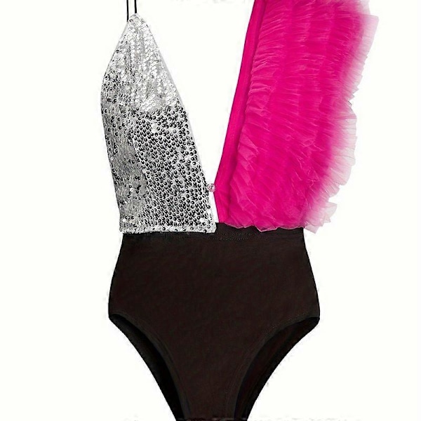 JUNGE Bodystocking med kontrastfarvede pailletter, flæsekanter og dyb udskæring, V-hals farveblok festtøj, bodystockings i ét stykke, dametøj SZJG240306[HK] L(40 42) Dark Pink