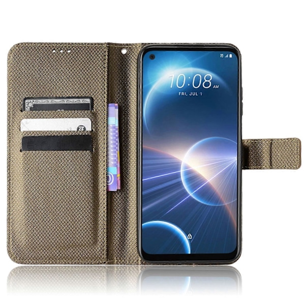 Til HTC Desire 22 Pro 5G Stødsikker Telefon Flip Wallet Etui Skridsikkert Greb Diamanttekstur PU Læder Cover Stativ Kortholder med Håndledsrem[HK] Brown