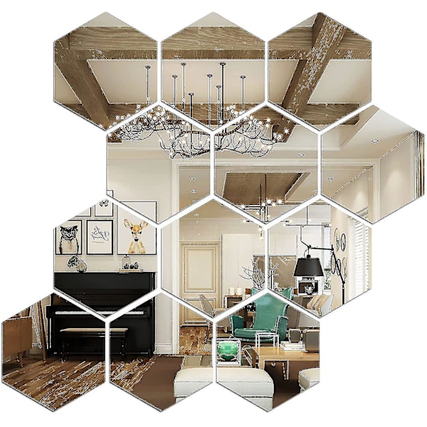 12st Väggdekoration Spegel Hexagon Konst Heminredning Hexagon Akryl Spegelvägg [HK]