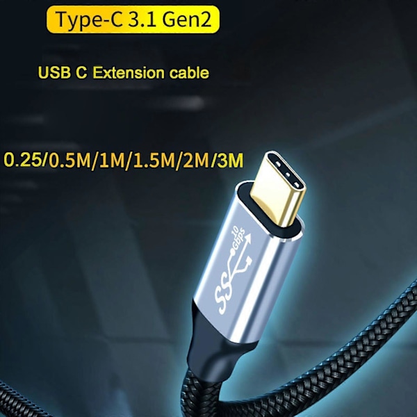 USB C Förlängningskabel PD100W Gen2 Typ C 3.1 Hane till Hona Förlängningssladd Data [HK] 25cm